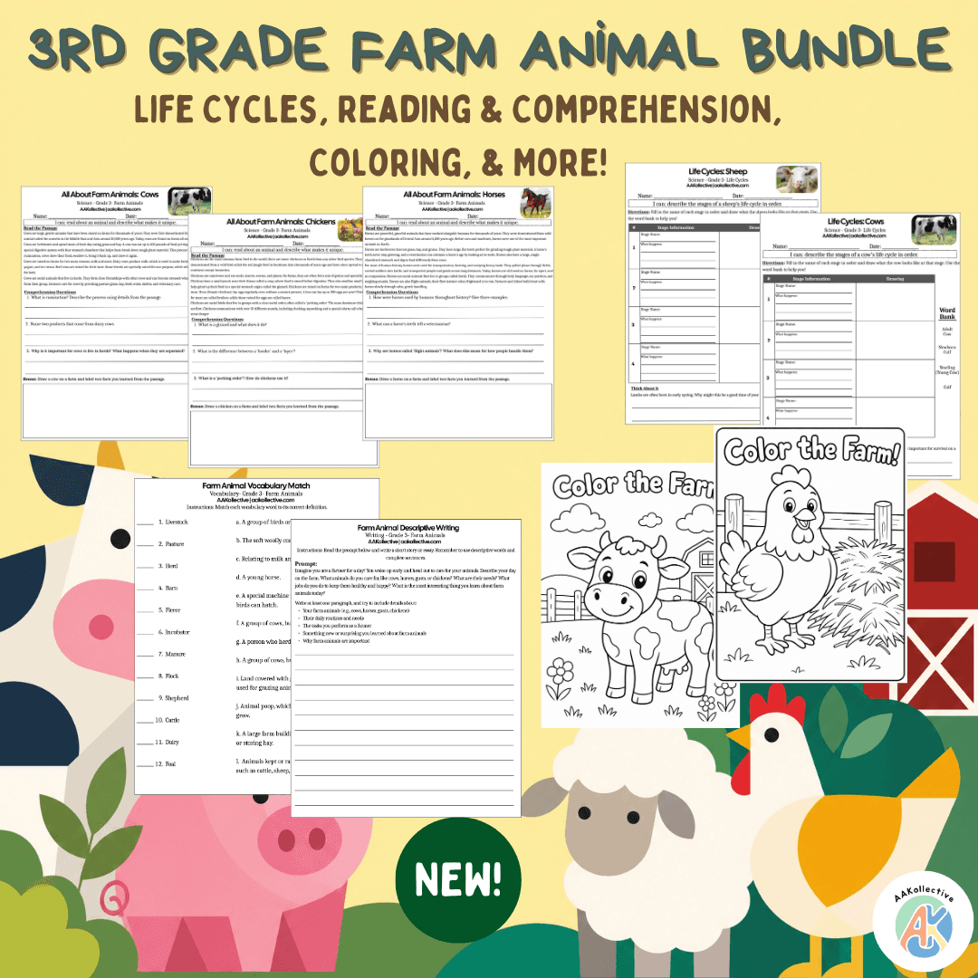 3rd Grade Farm Animals Bundle | Reading Comprehension, Life Cycles, Vocabulary & Writing Activities preview