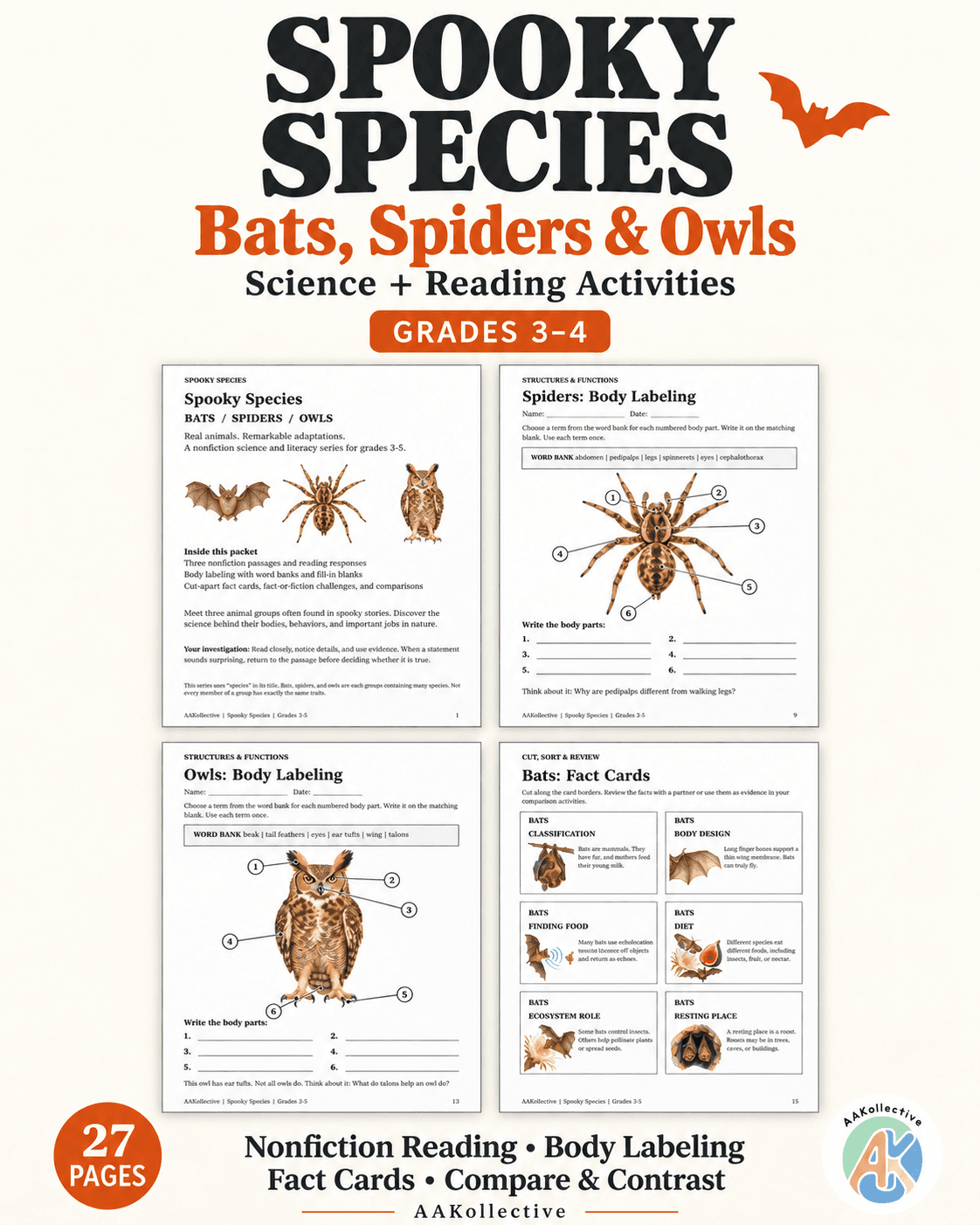 Spooky Species: Bats, Spiders & Owls Worksheets | Grades 3–5