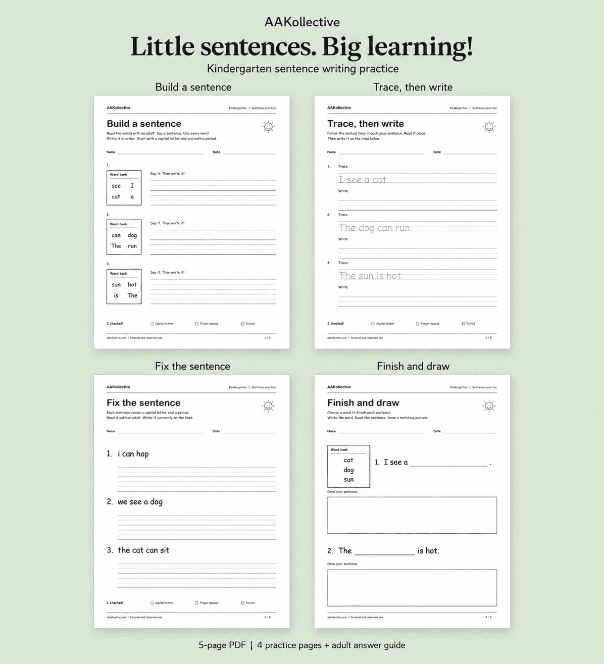 Kindergarten Sentence Writing Worksheets | Build, Trace, Fix & Draw preview