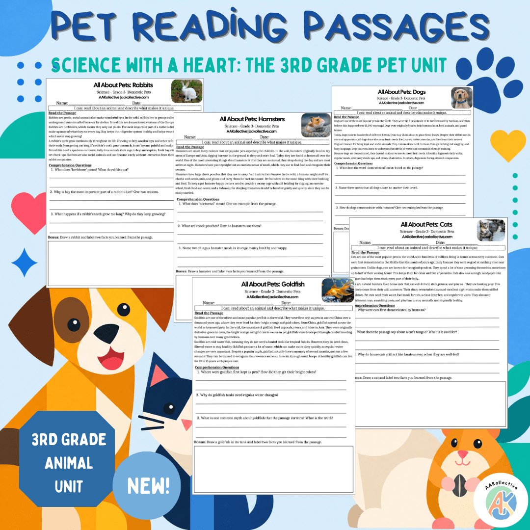 Pet Reading Passages | Nonfiction Science & ELA | Dog, Cat, Hamster, Rabbit, Goldfish | Grade 3 preview