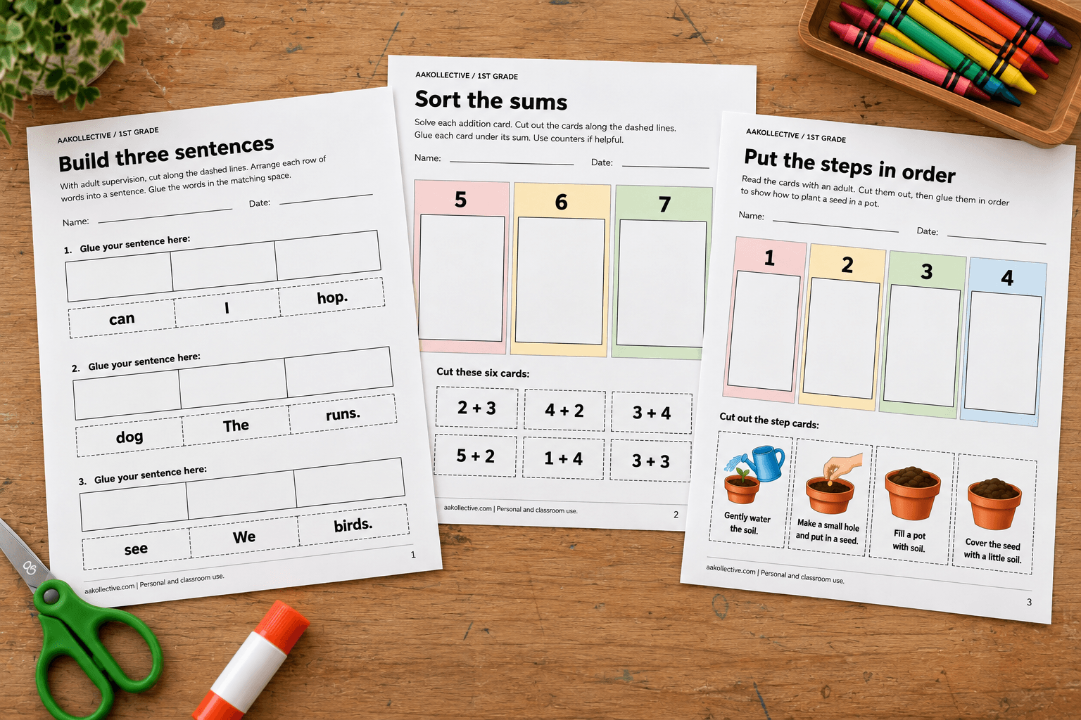 1st Grade Cut & Glue Worksheets | Sentence Building, Addition Sorting & Sequencing