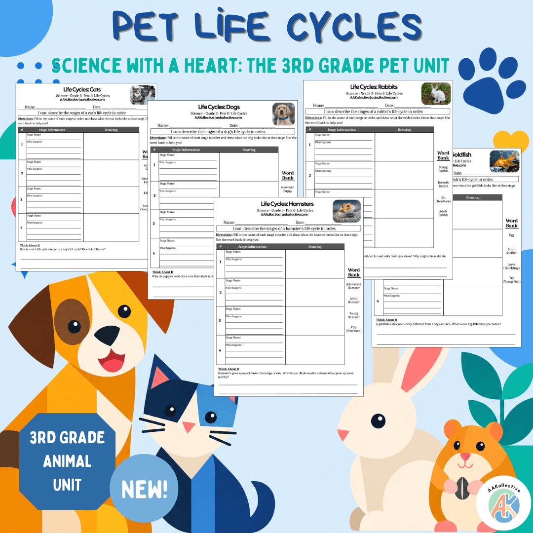 Pet Life Cycle Worksheets | Dog, Cat, Hamster, Rabbit, Goldfish | Grade 3 Science preview