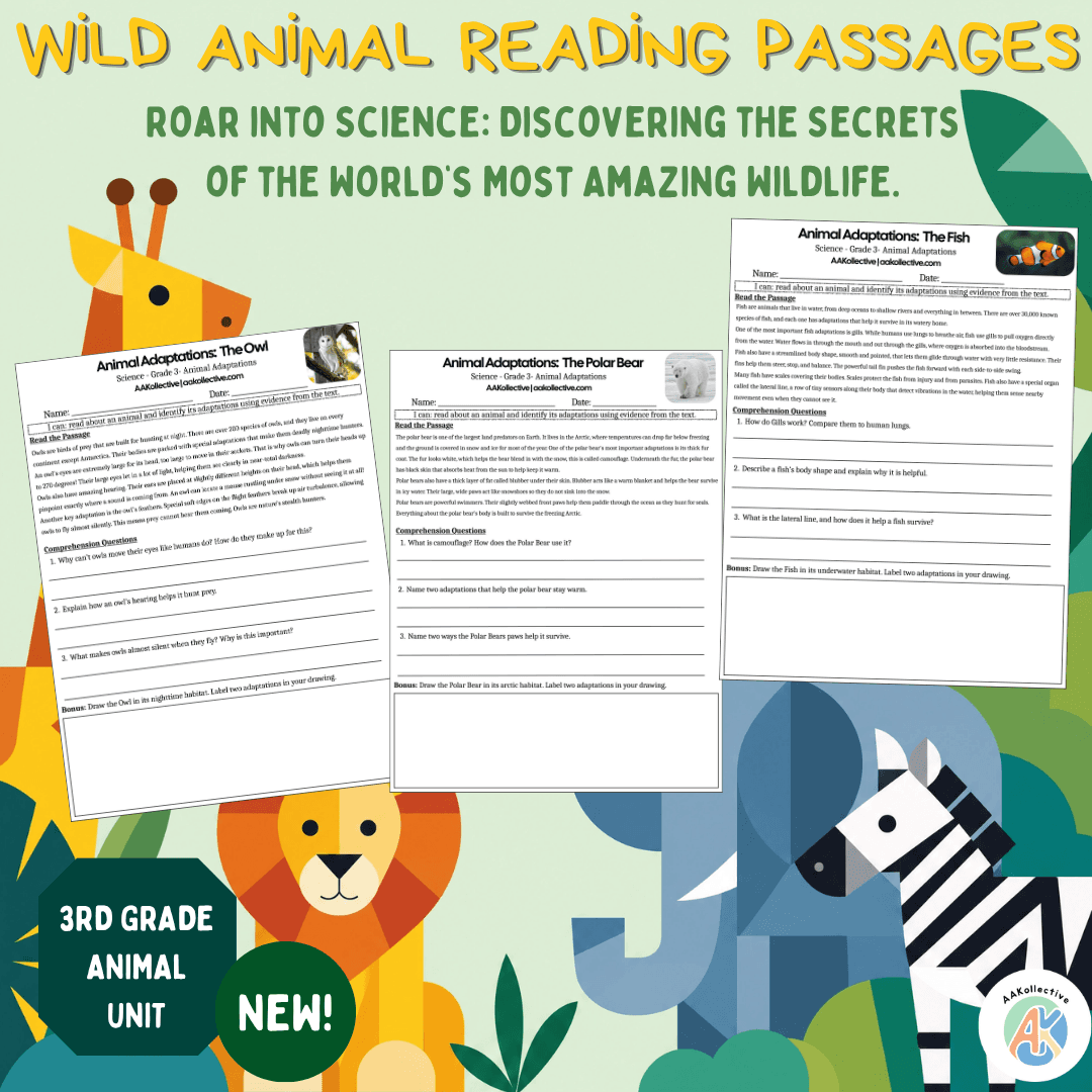 Wild Animal Adaptations: Reading Passages for 3rd Grade Science - Earth Day worksheet for 3rd Grade